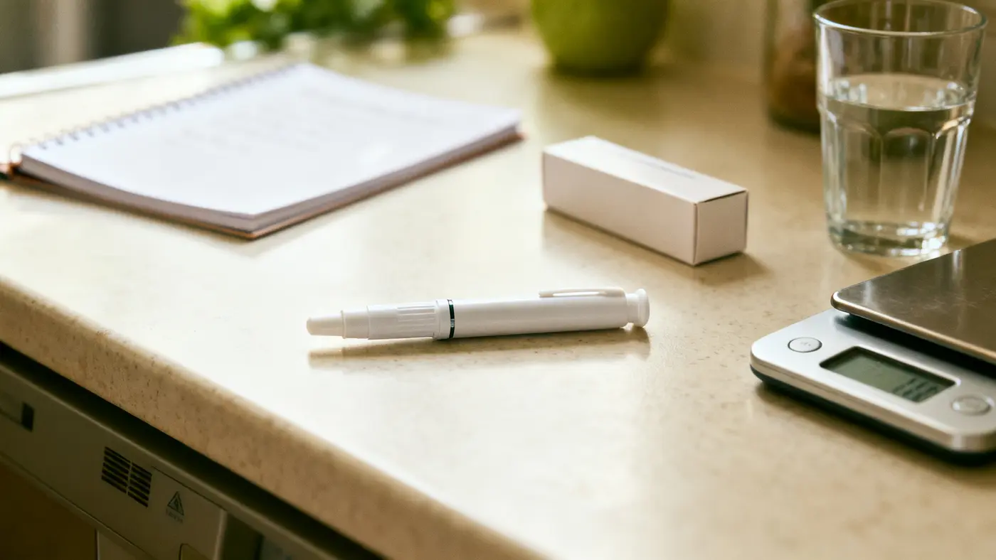 A capped medication pen, plain box, water glass, and kitchen scale on a sunlit counter.