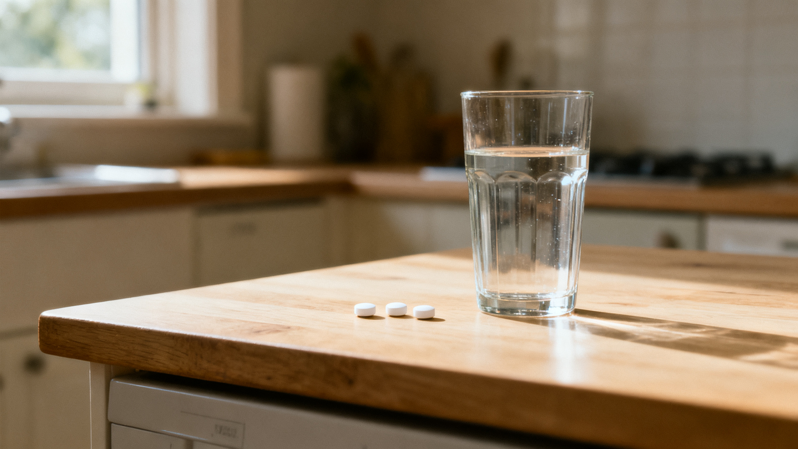 Three tablets resting on a clean kitchen counter beside a glass of water in soft morning light
