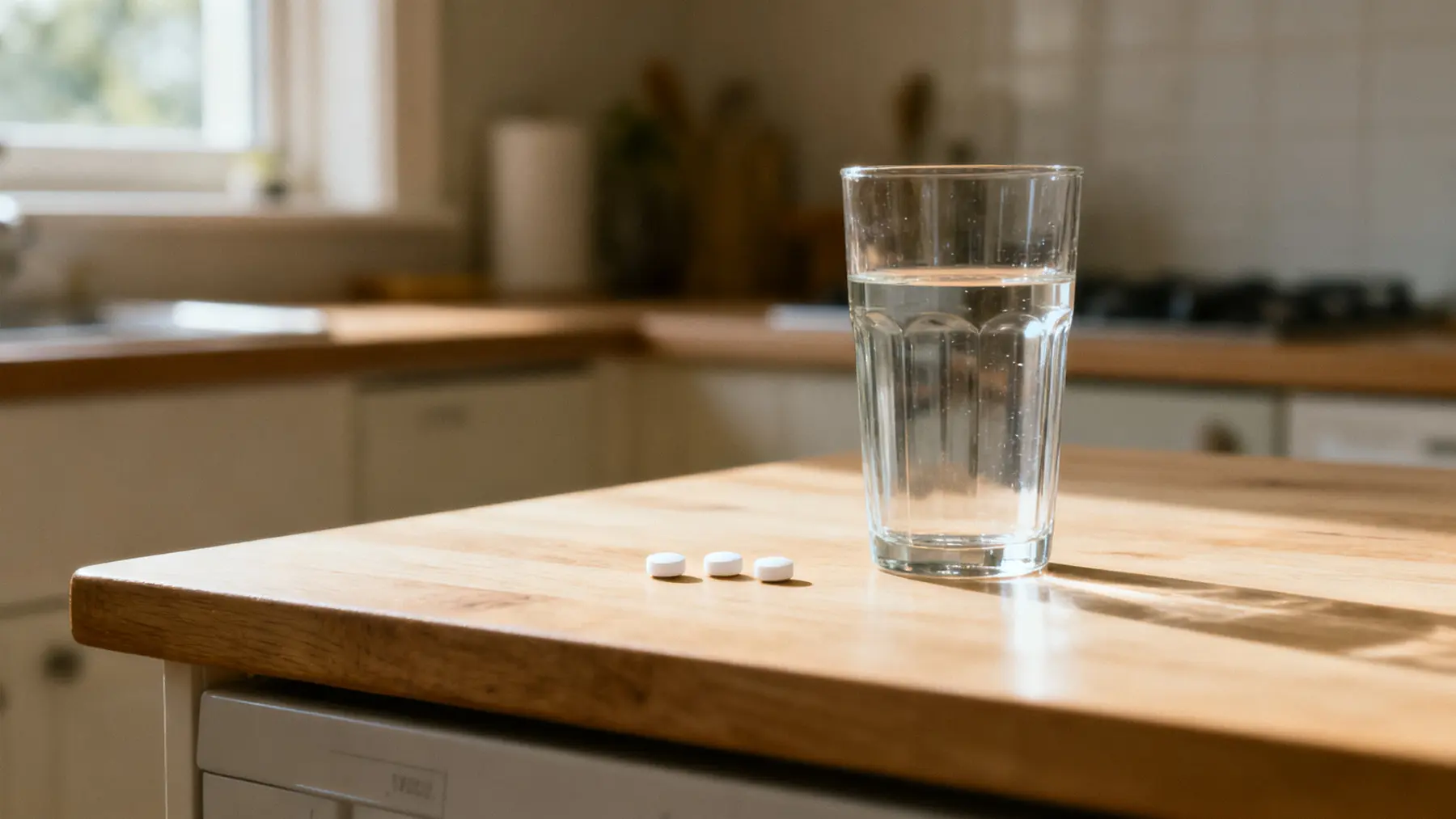 Three tablets resting on a clean kitchen counter beside a glass of water in soft morning light
