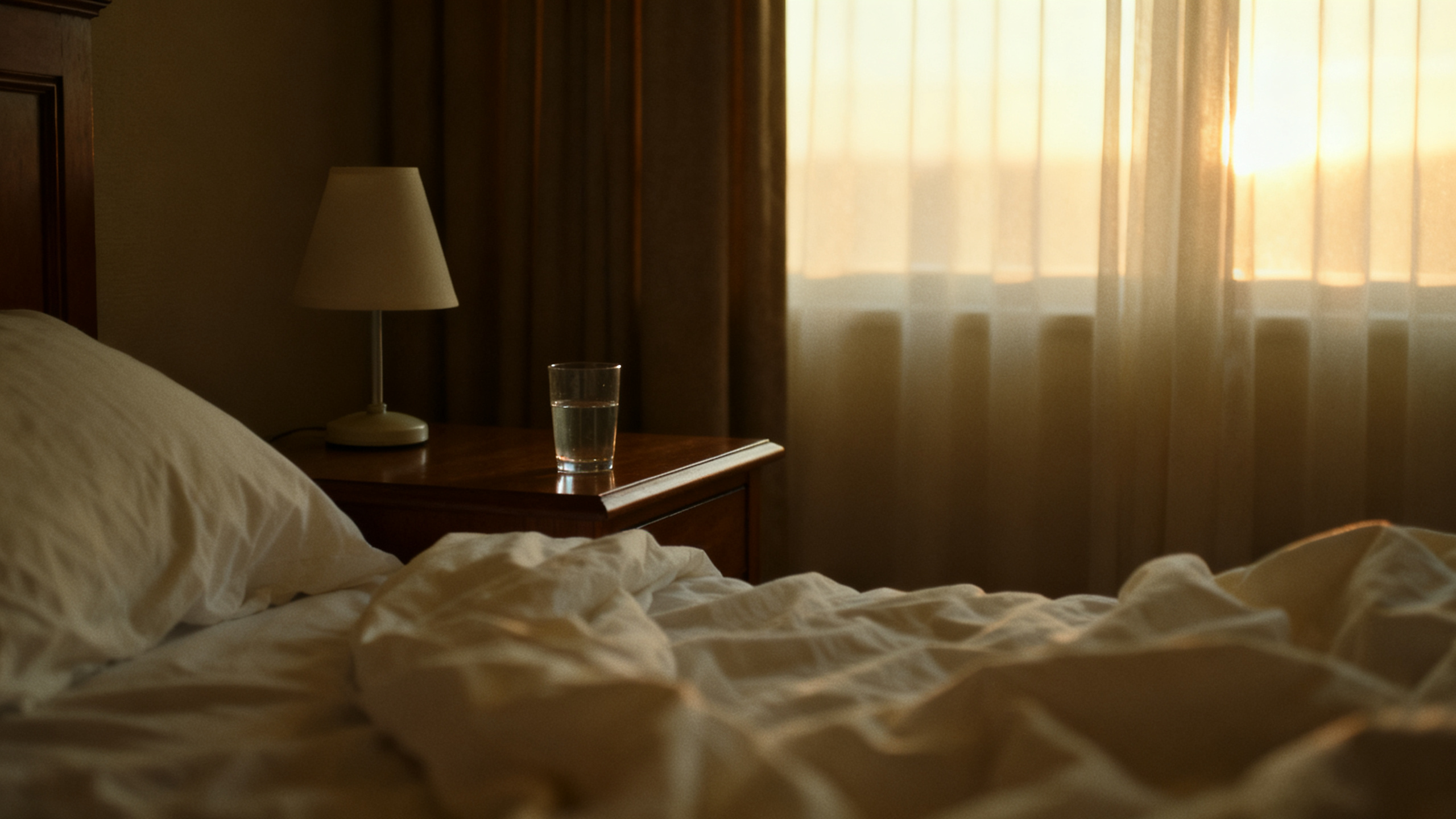 A quiet dim bedroom at dawn with soft early light through the curtains