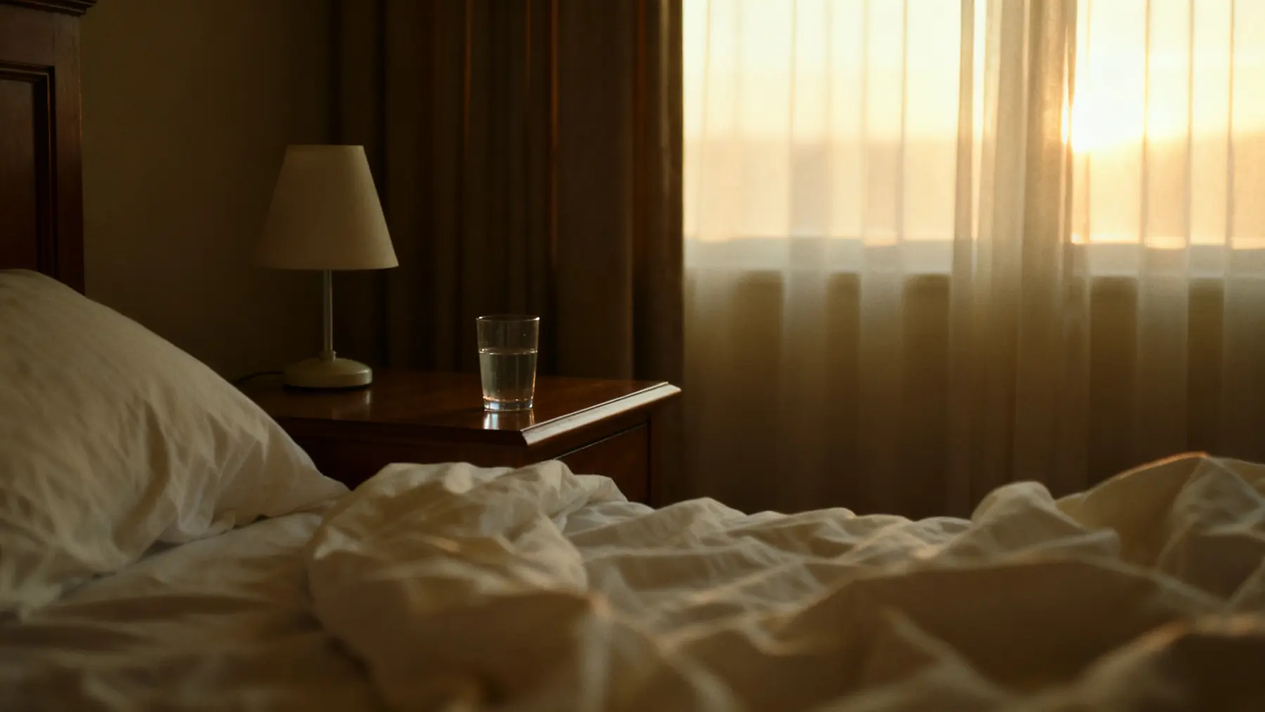 A quiet dim bedroom at dawn with soft early light through the curtains