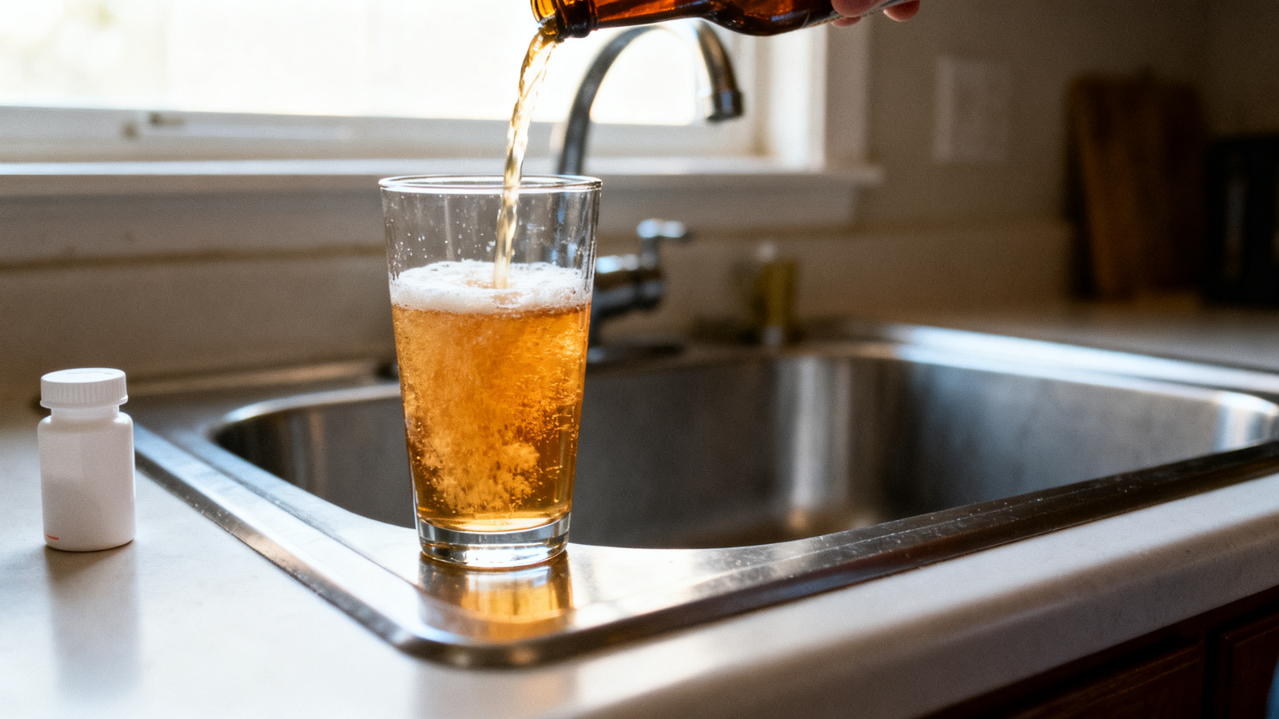 A single glass of beer being poured out into a kitchen sink, morning light