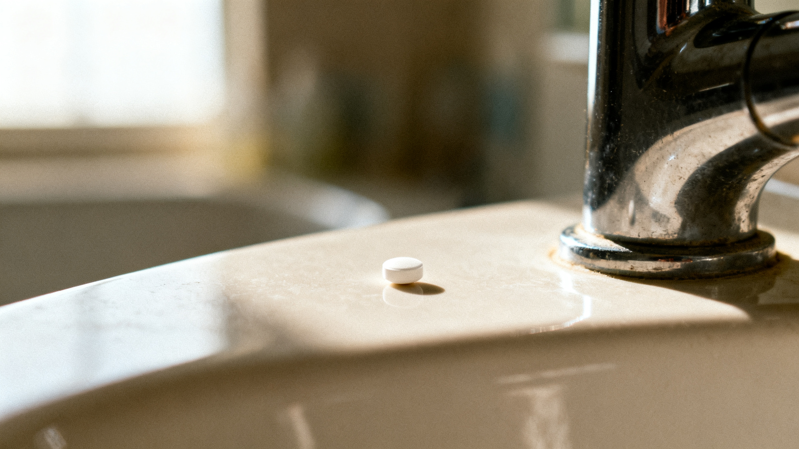 A single small white tablet resting on a clean bathroom countertop in soft daylight