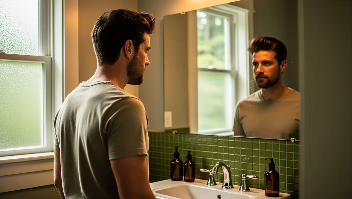 Pacific Northwest morning, man at a bathroom mirror