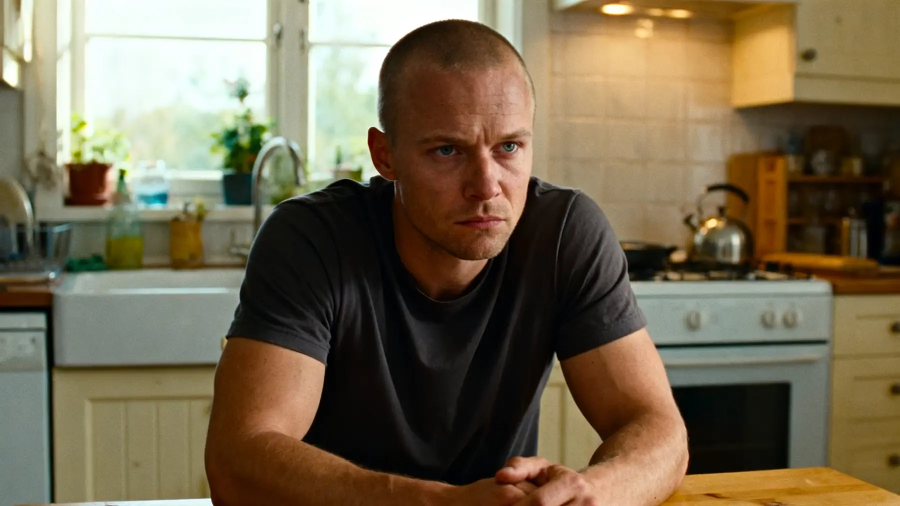 Solemn man leaning on a kitchen counter, staring flatly ahead