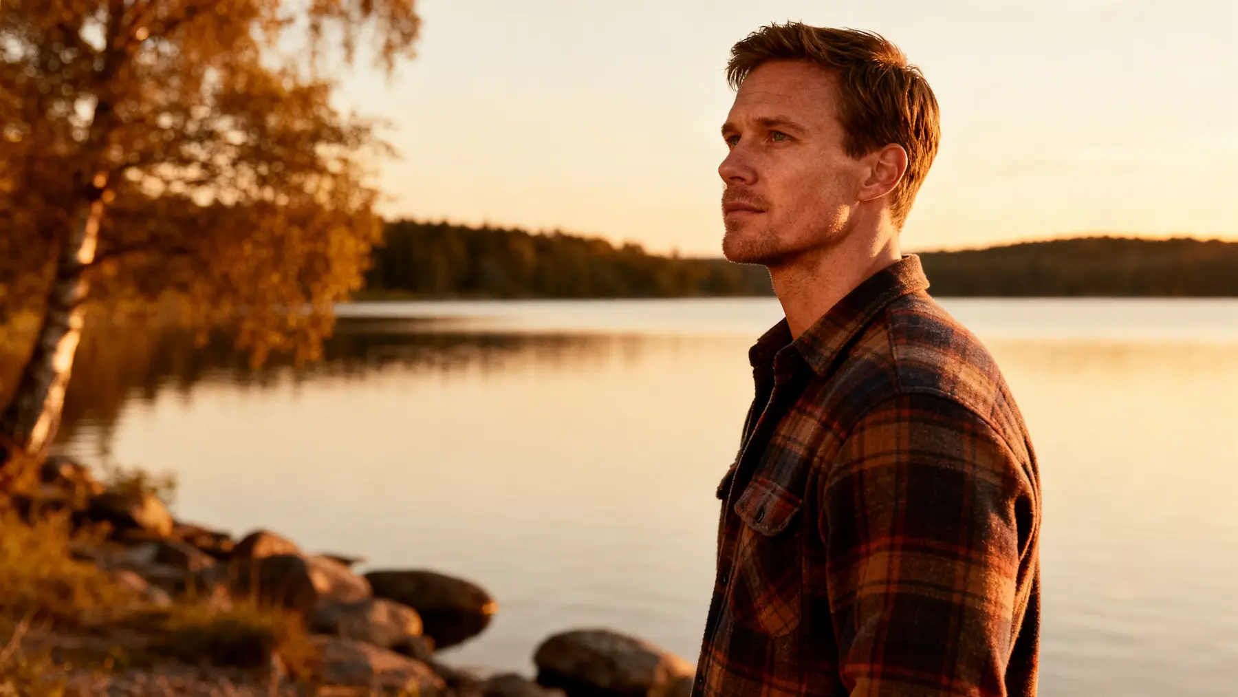 Man in a flannel shirt standing alone gazing across a still lake at sunset