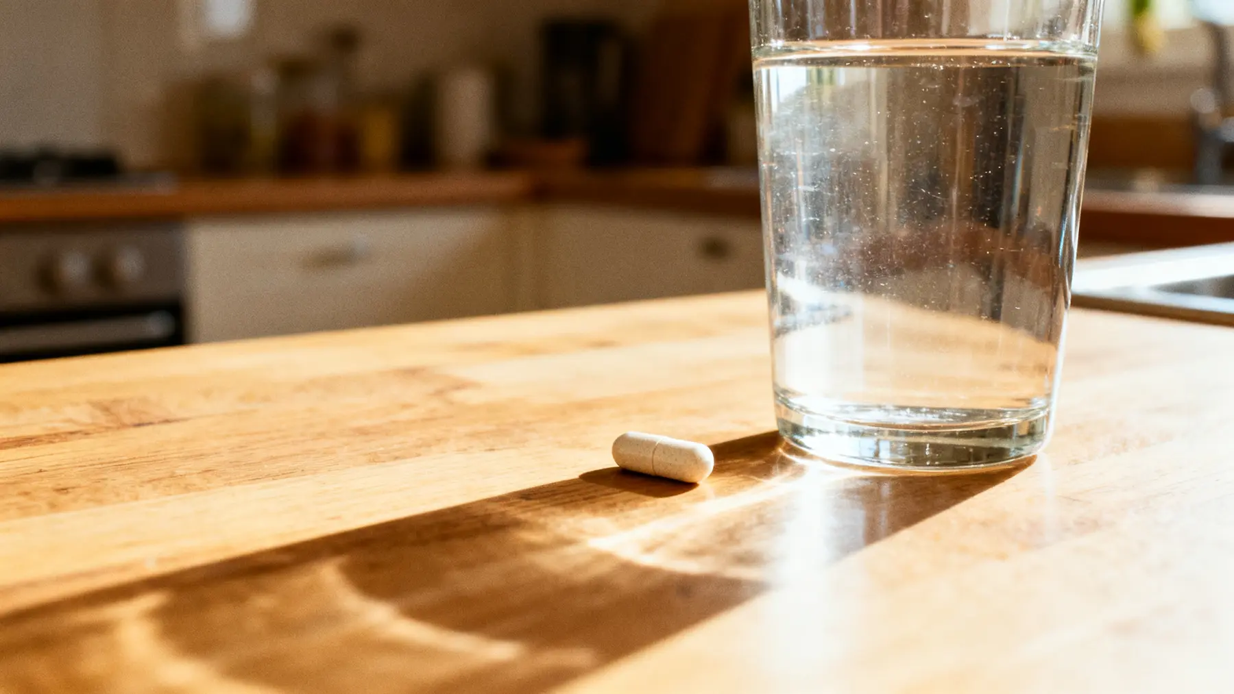 Single capsule beside a glass of water on a sunlit kitchen counter