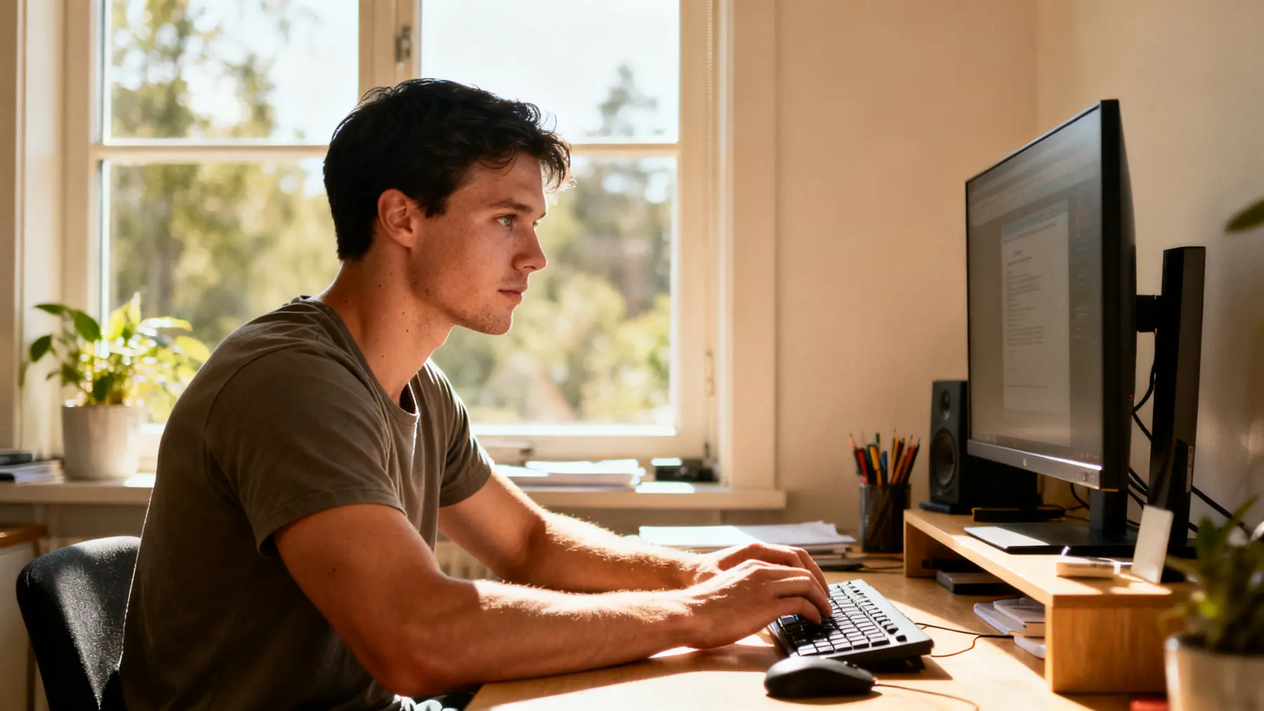 Young man concentrating at a desktop computer by a bright window