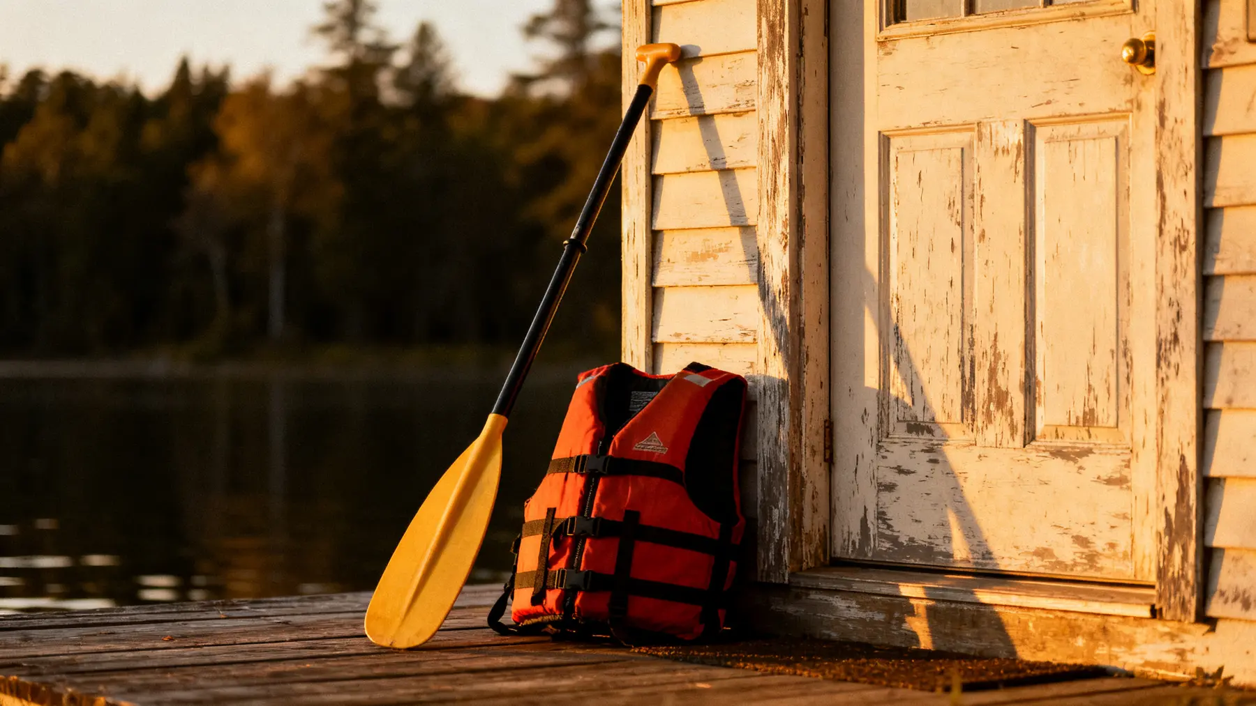 Paddle and orange life vest leaning by a weathered cabin door at sunset