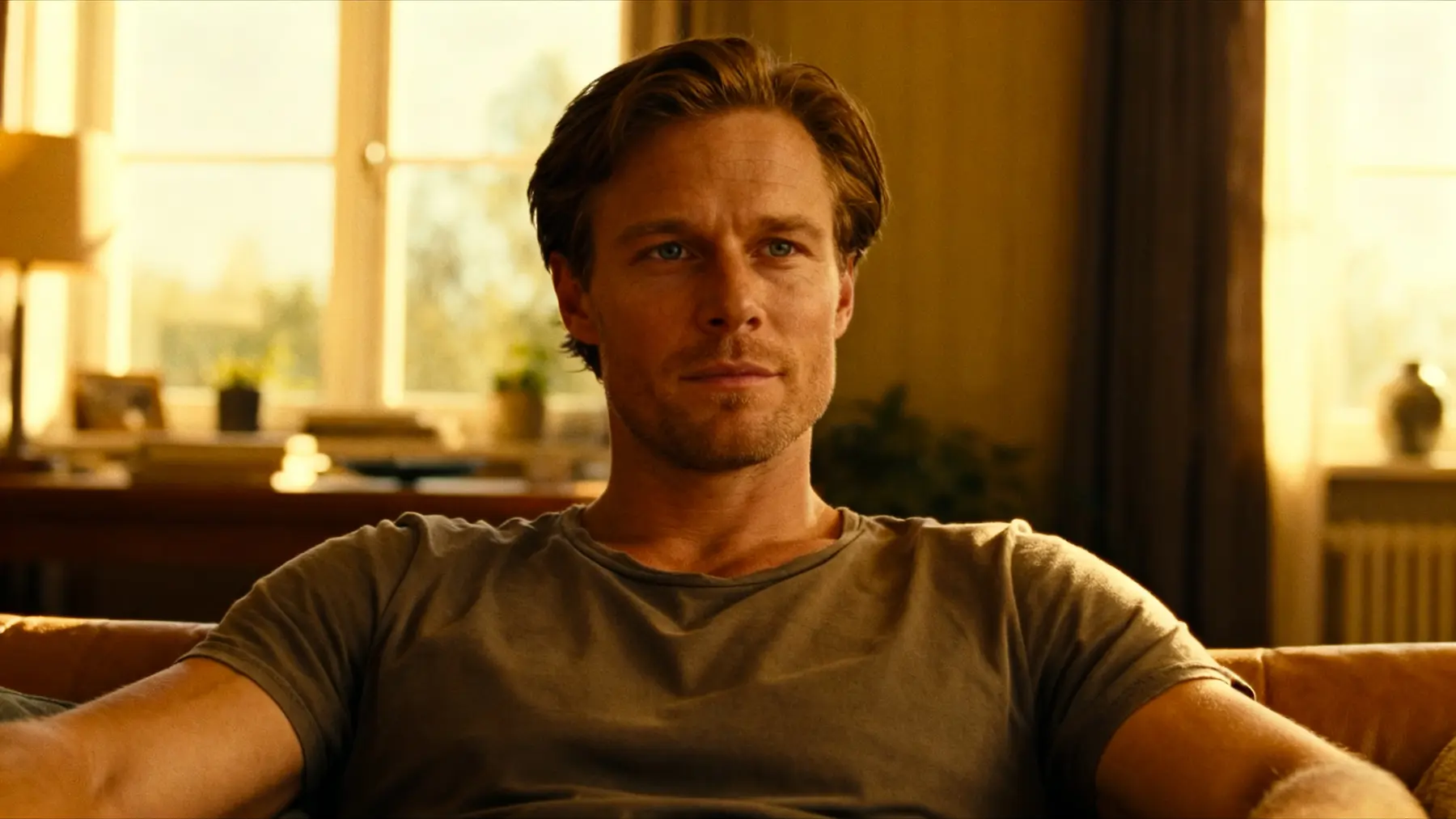 Calm man in a t-shirt sitting on a couch in a warm sunlit living room
