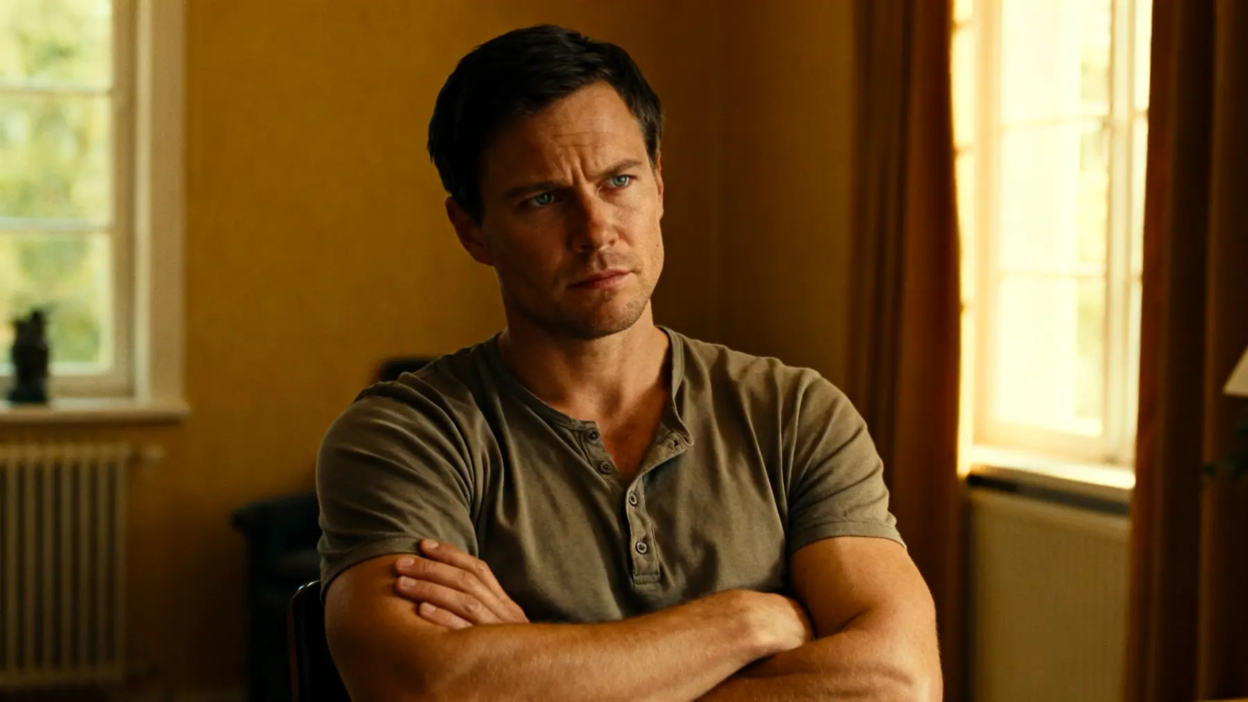 Wary man with crossed arms sitting in a warm-toned room