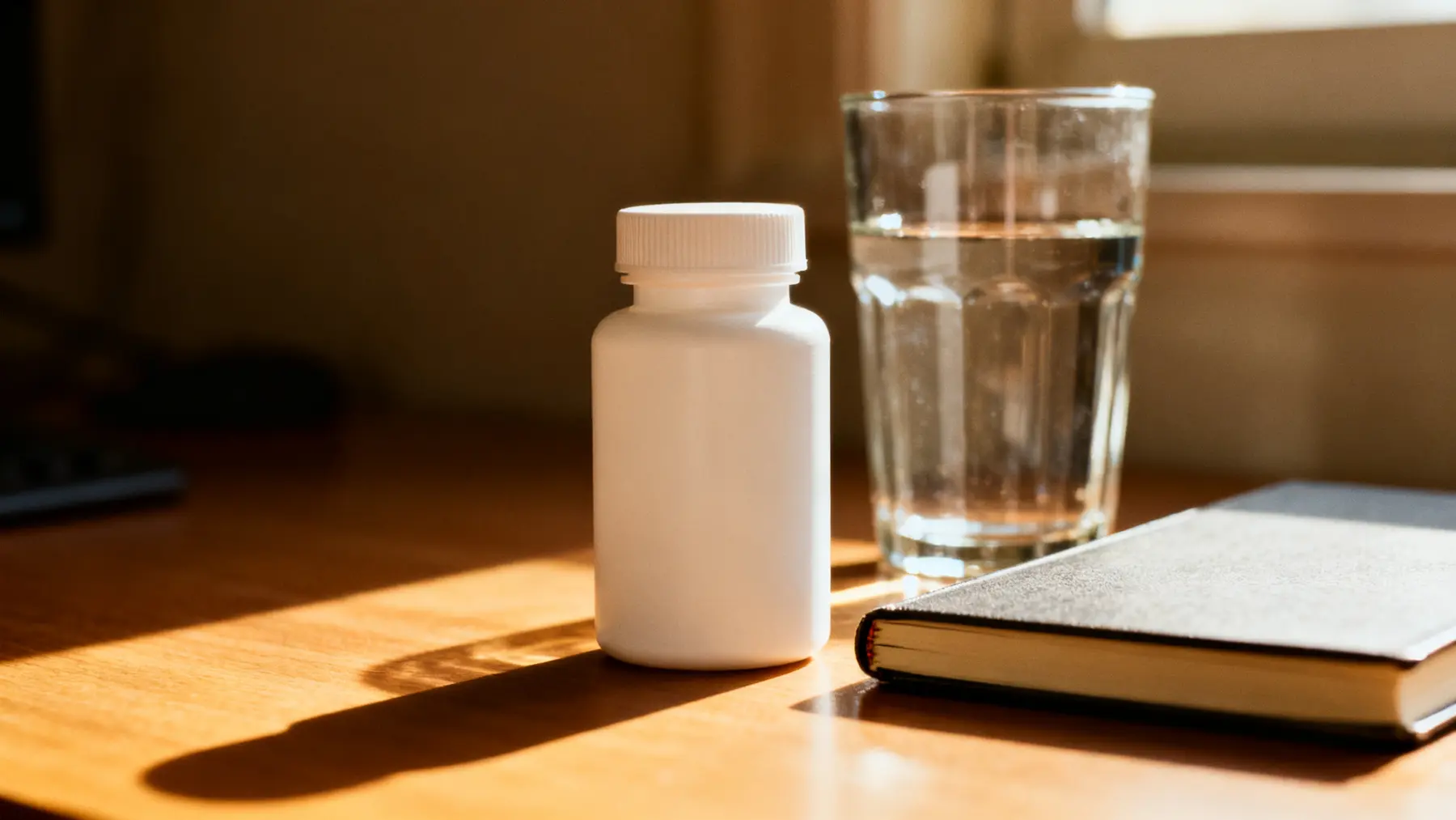 A non-stimulant medication bottle and water on a desk