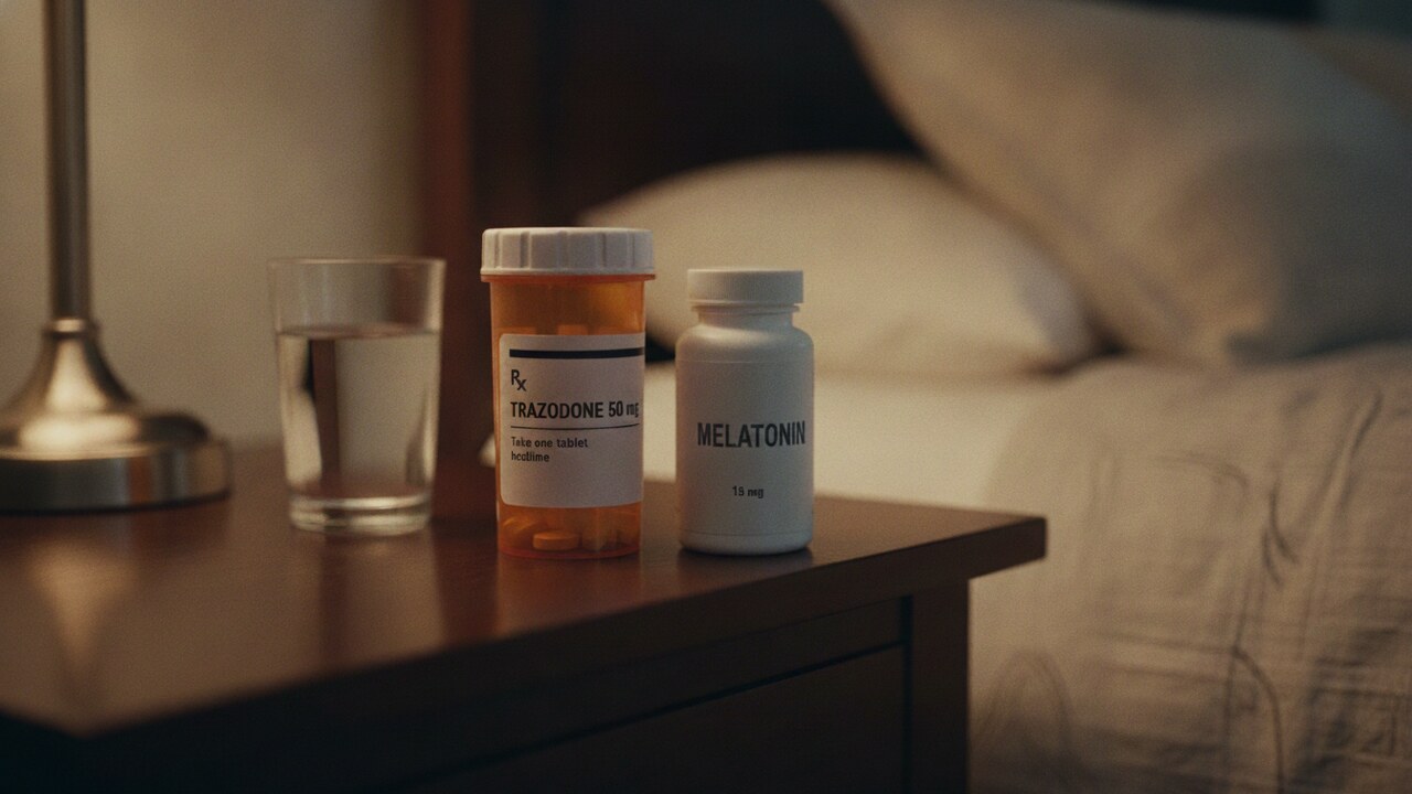 Sleep medications and a glass of water on a nightstand