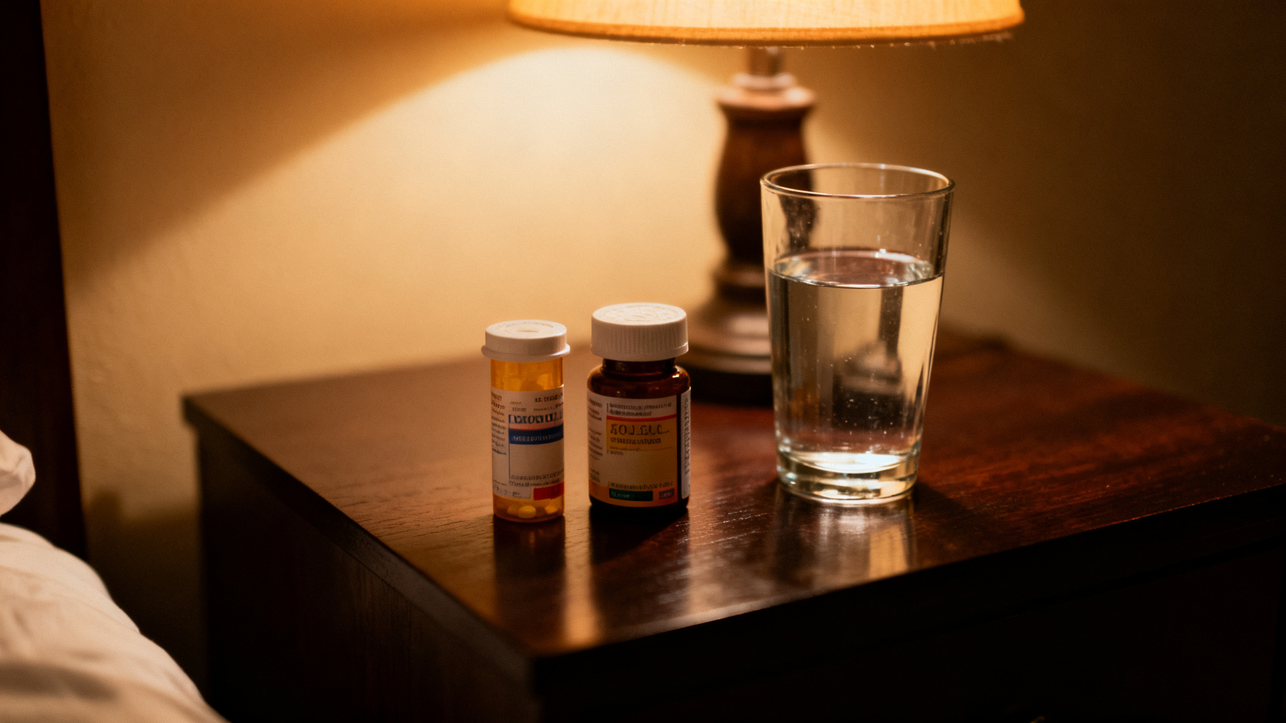 Sleep medications and a glass of water on a nightstand