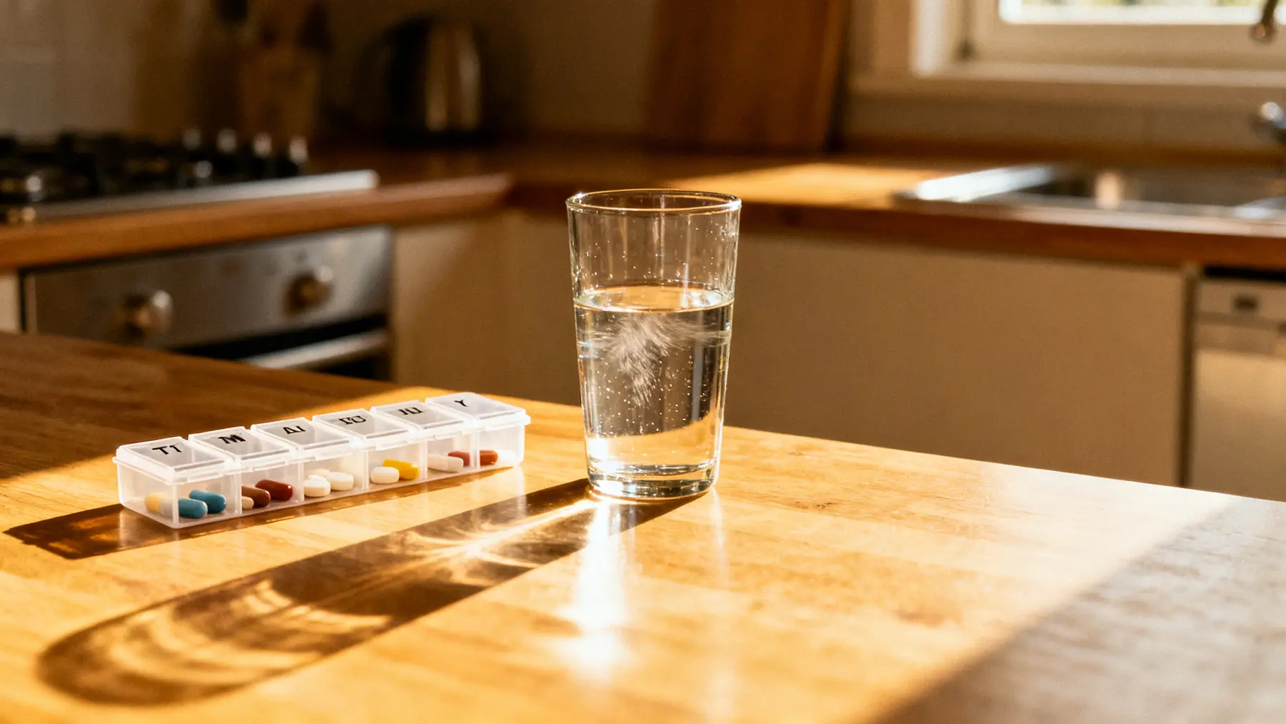 Weekly pill organizer filled with medication beside a glass of water