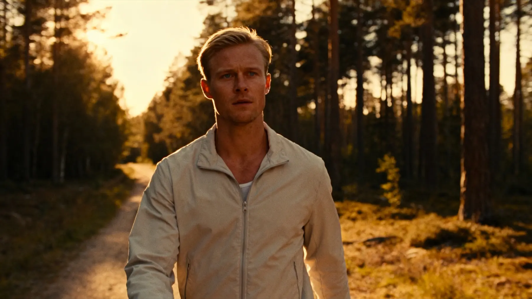 Young blond man in a light jacket walking a forest path at golden hour