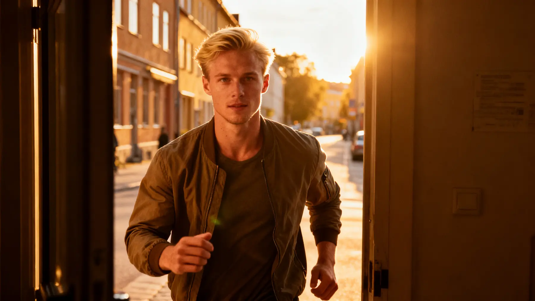 Blond young man in a bomber jacket walking a city street at sunset