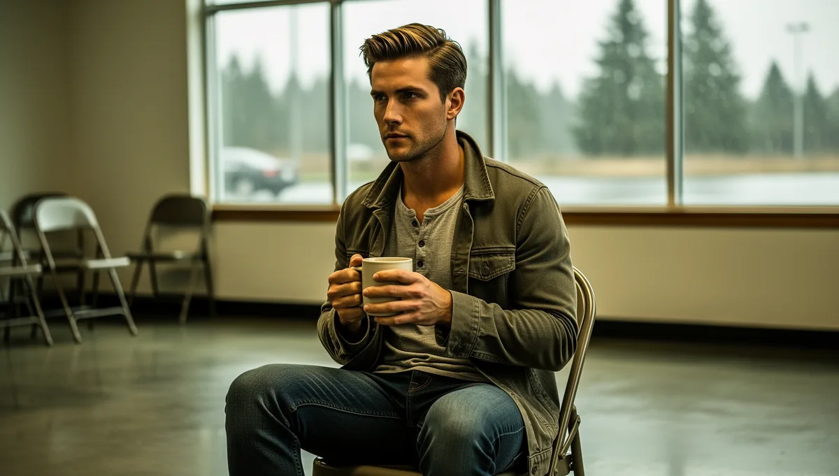 Quiet meeting space, ceramic mug and folding chair