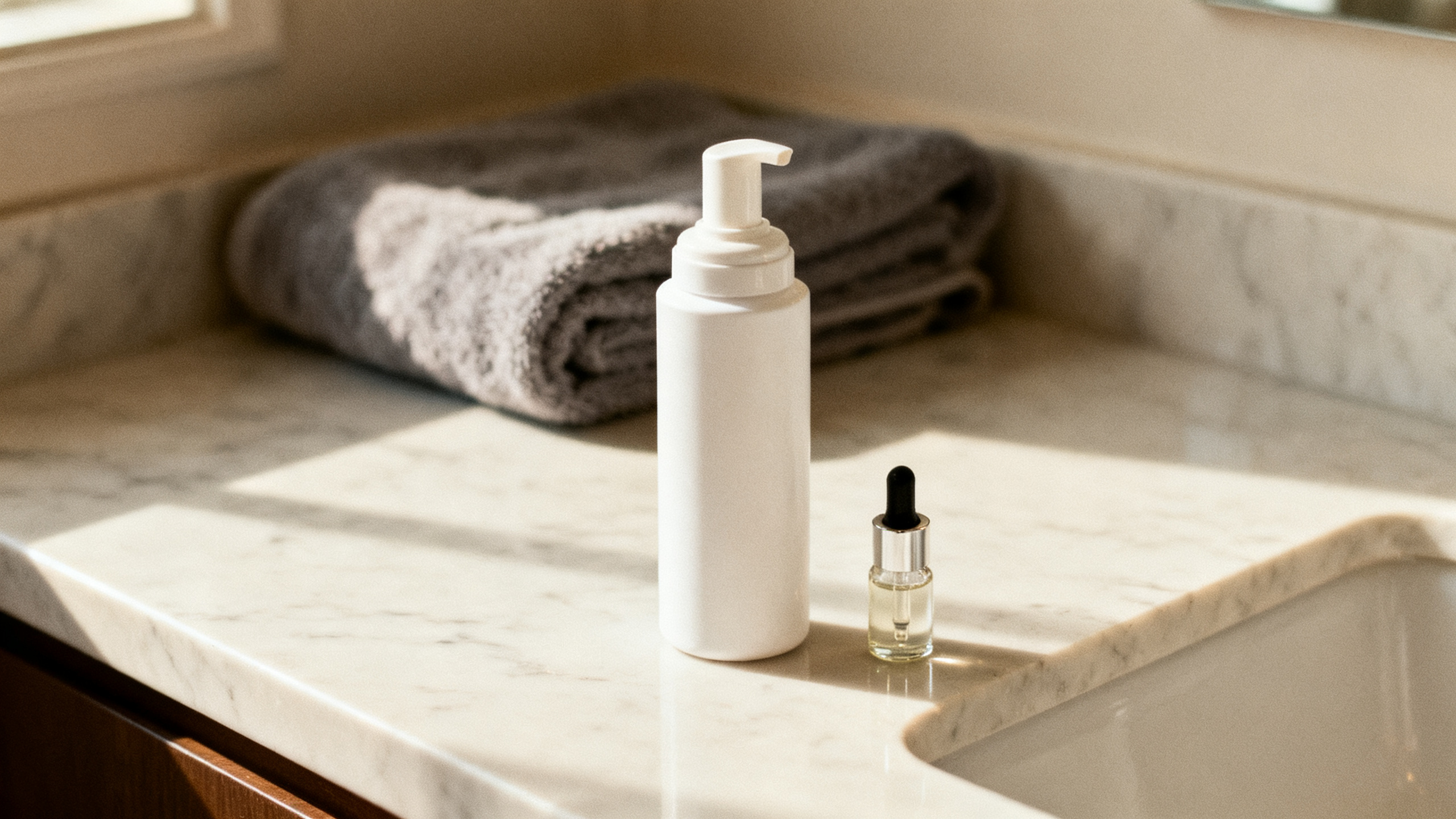 A bottle of topical minoxidil foam and a dropper on a clean bathroom counter in soft morning light