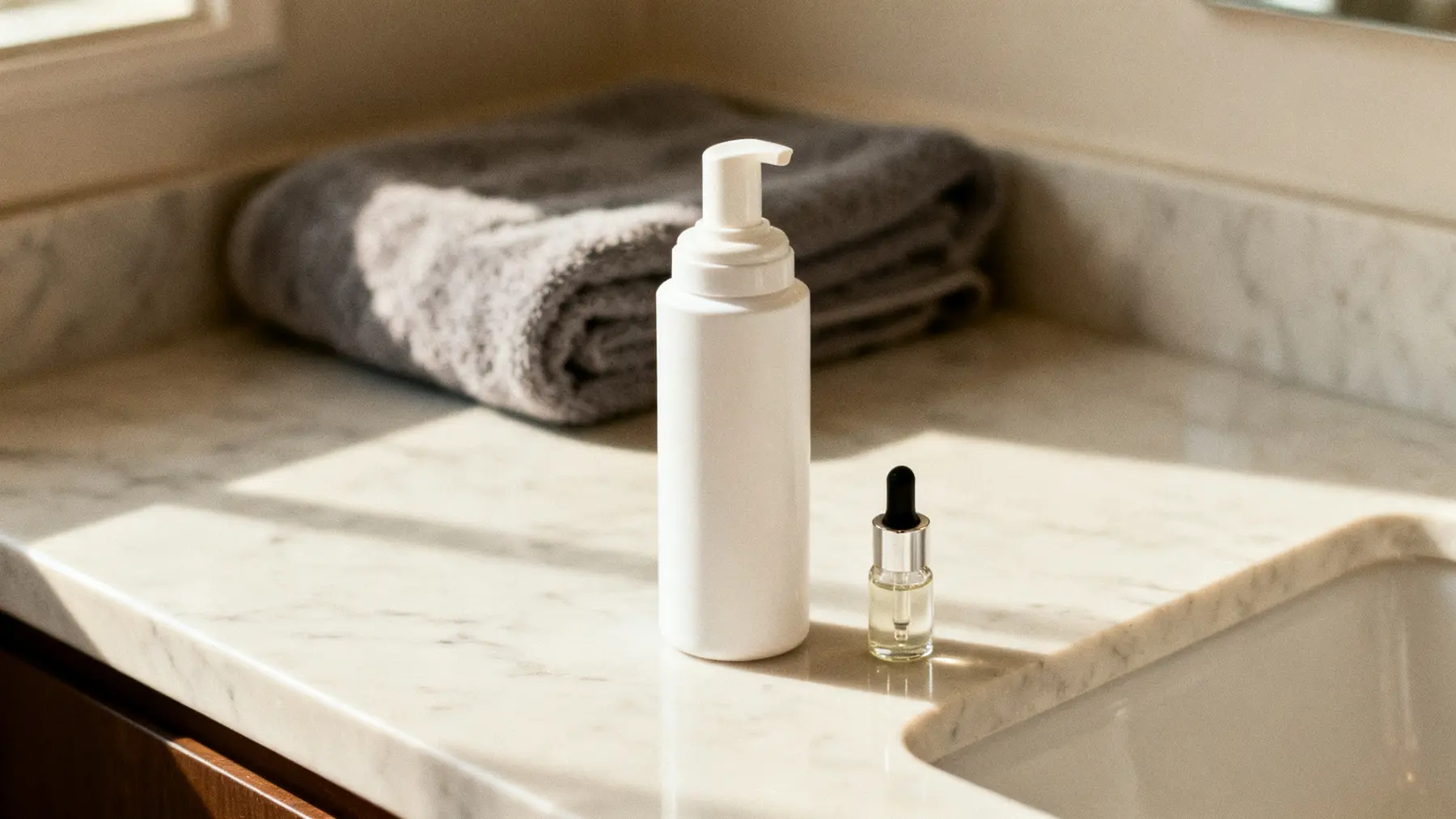 A bottle of topical minoxidil foam and a dropper on a clean bathroom counter in soft morning light