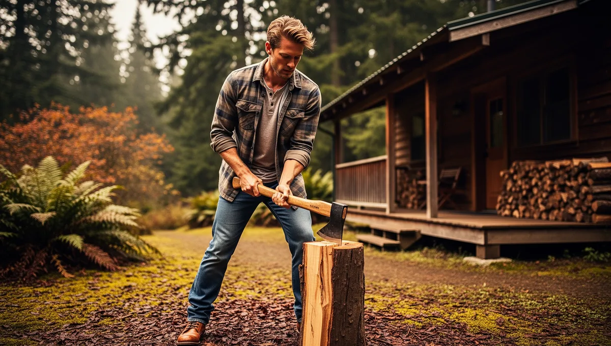 Splitting firewood at a rural cabin, autumn afternoon