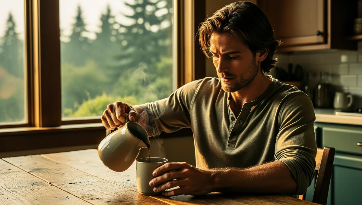Pouring coffee at a farmhouse table in morning sun