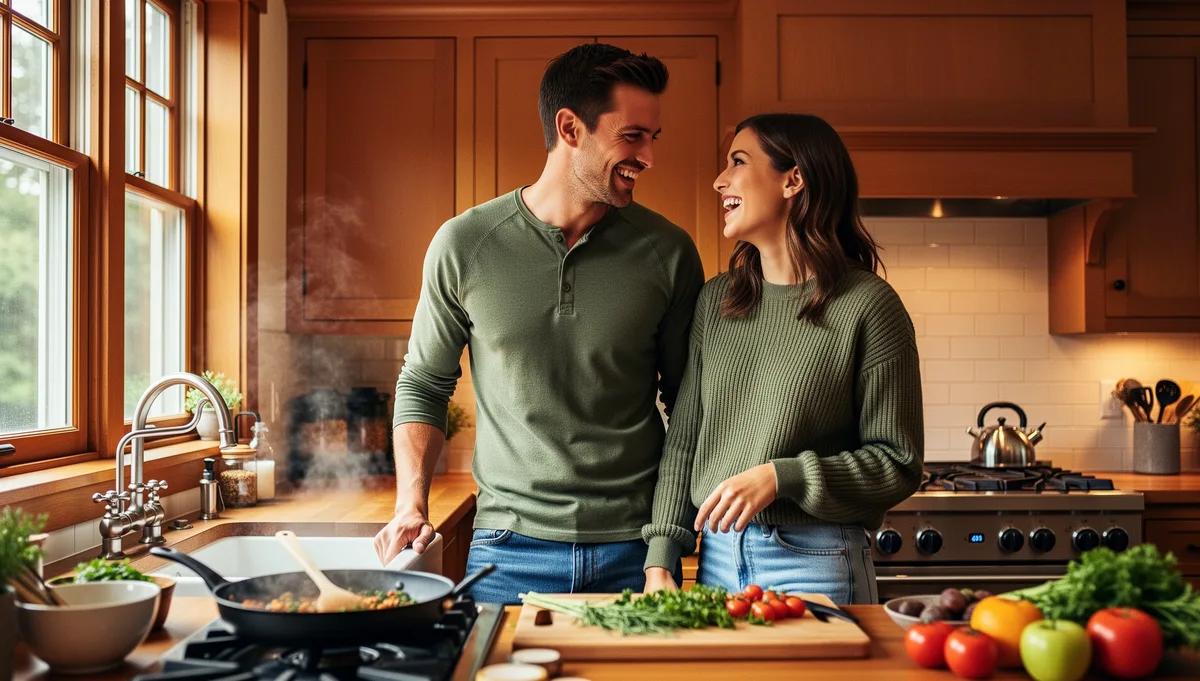 Cooking together in a warm Pacific Northwest kitchen