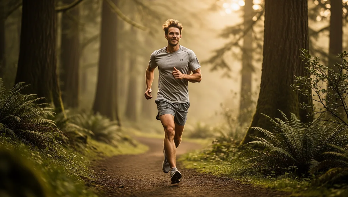 Running in a misty Pacific Northwest forest park