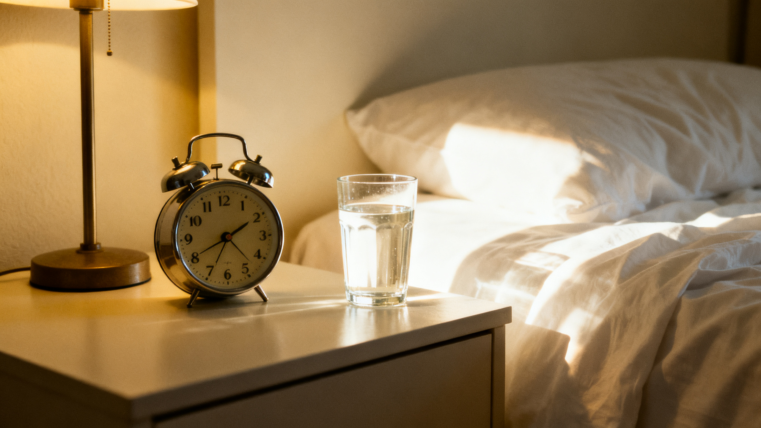 A calm, sunlit bedside table with an analog alarm clock and a glass of water in early morning light
