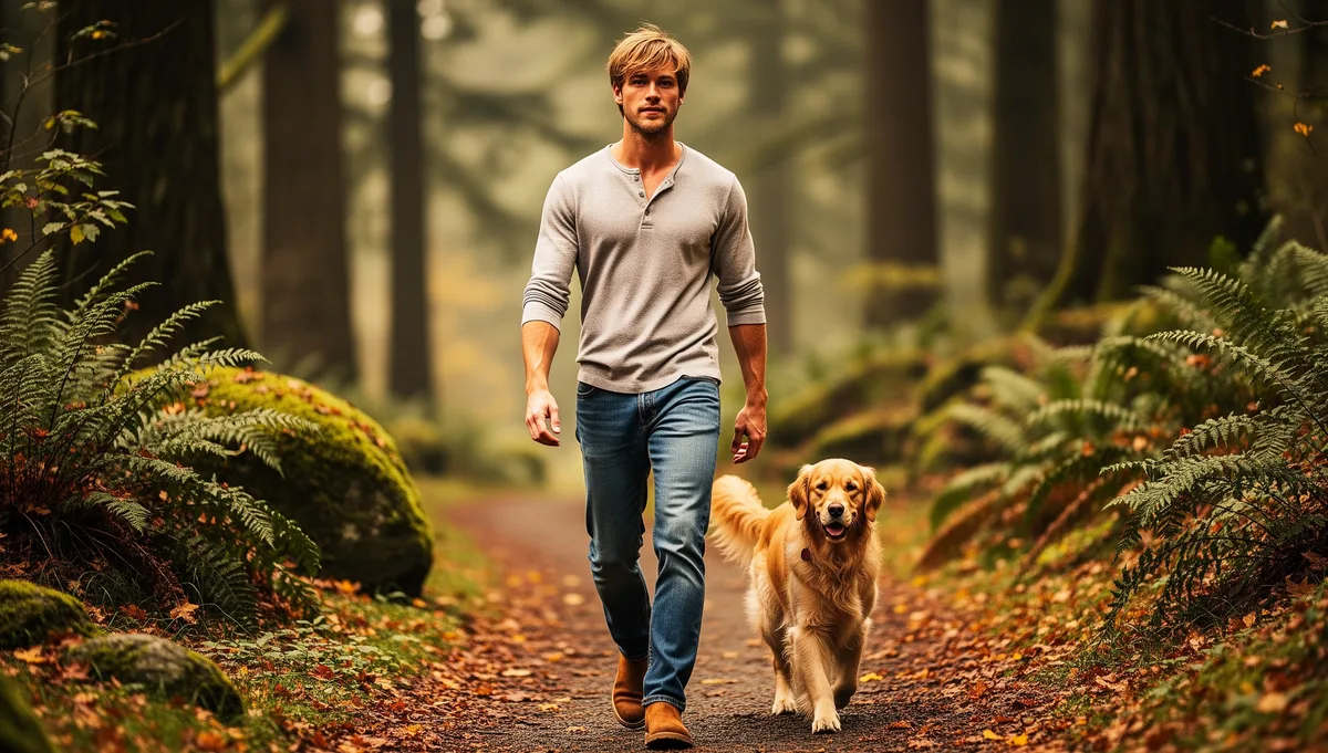Walking with a dog on a Pacific Northwest forest path