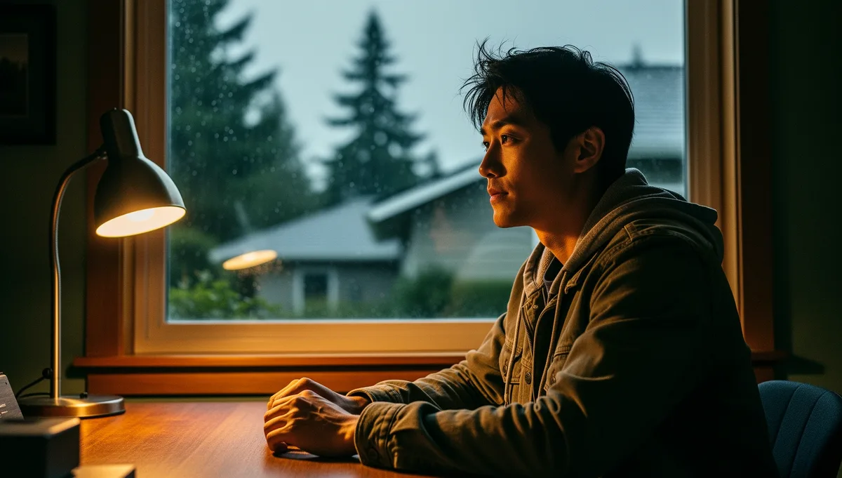 Quiet home office at twilight, Pacific Northwest