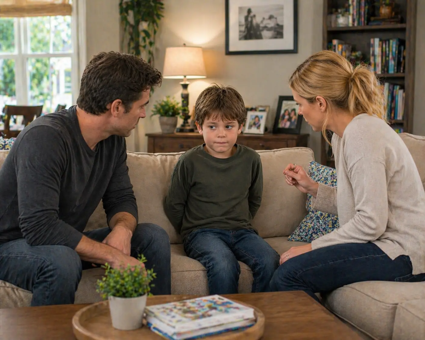 Parents sitting on a couch talking seriously with their young son between them