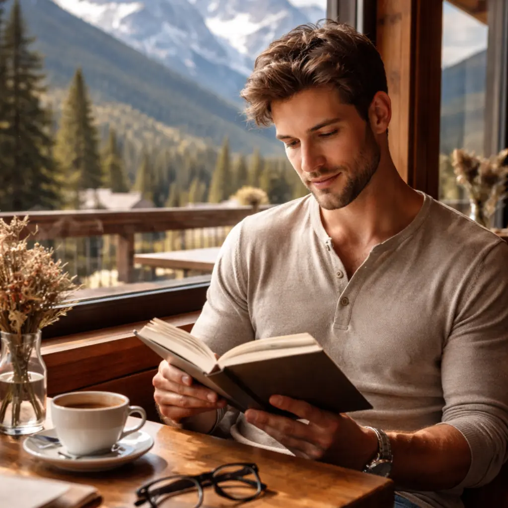 Man reading a book by a window with coffee and a mountain view behind him