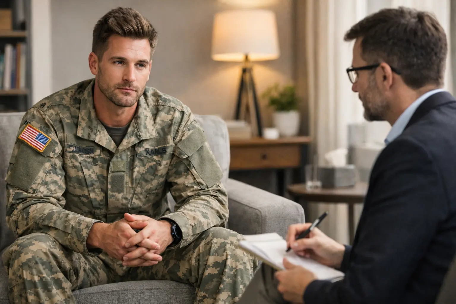 Man in uniform talking with a therapist taking notes in an office