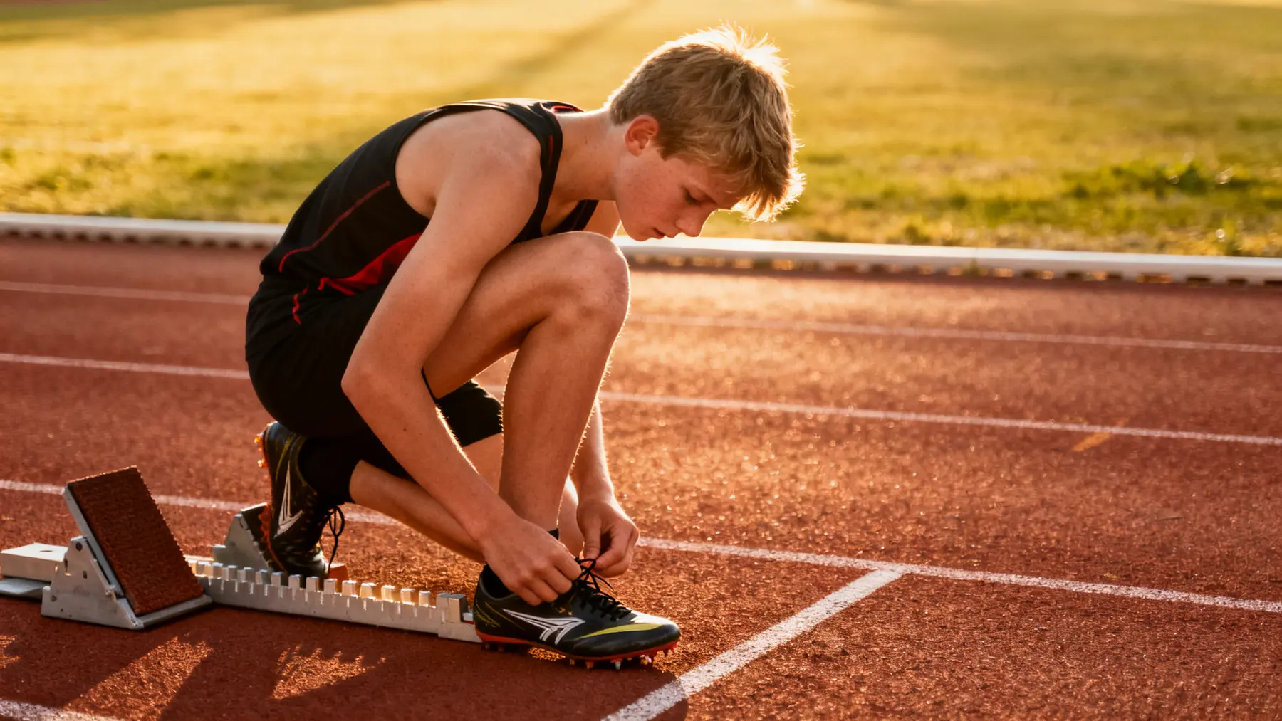 Blond teen sprinter crouched tying his spikes at starting blocks on a sunlit track