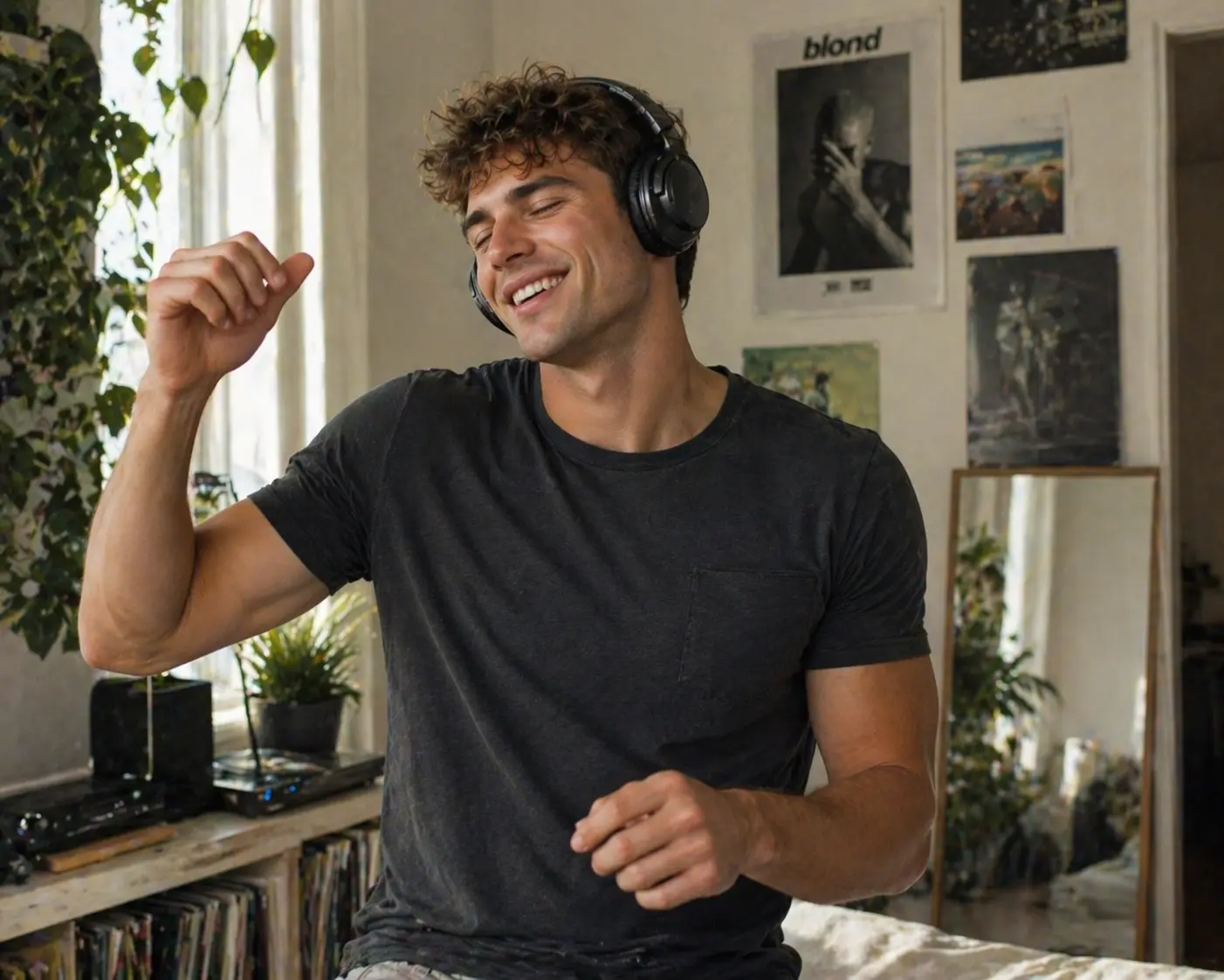 Smiling man in headphones dancing to music at home among records and plants