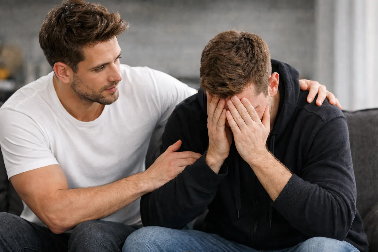 Man comforting a distressed friend who covers his face on a couch
