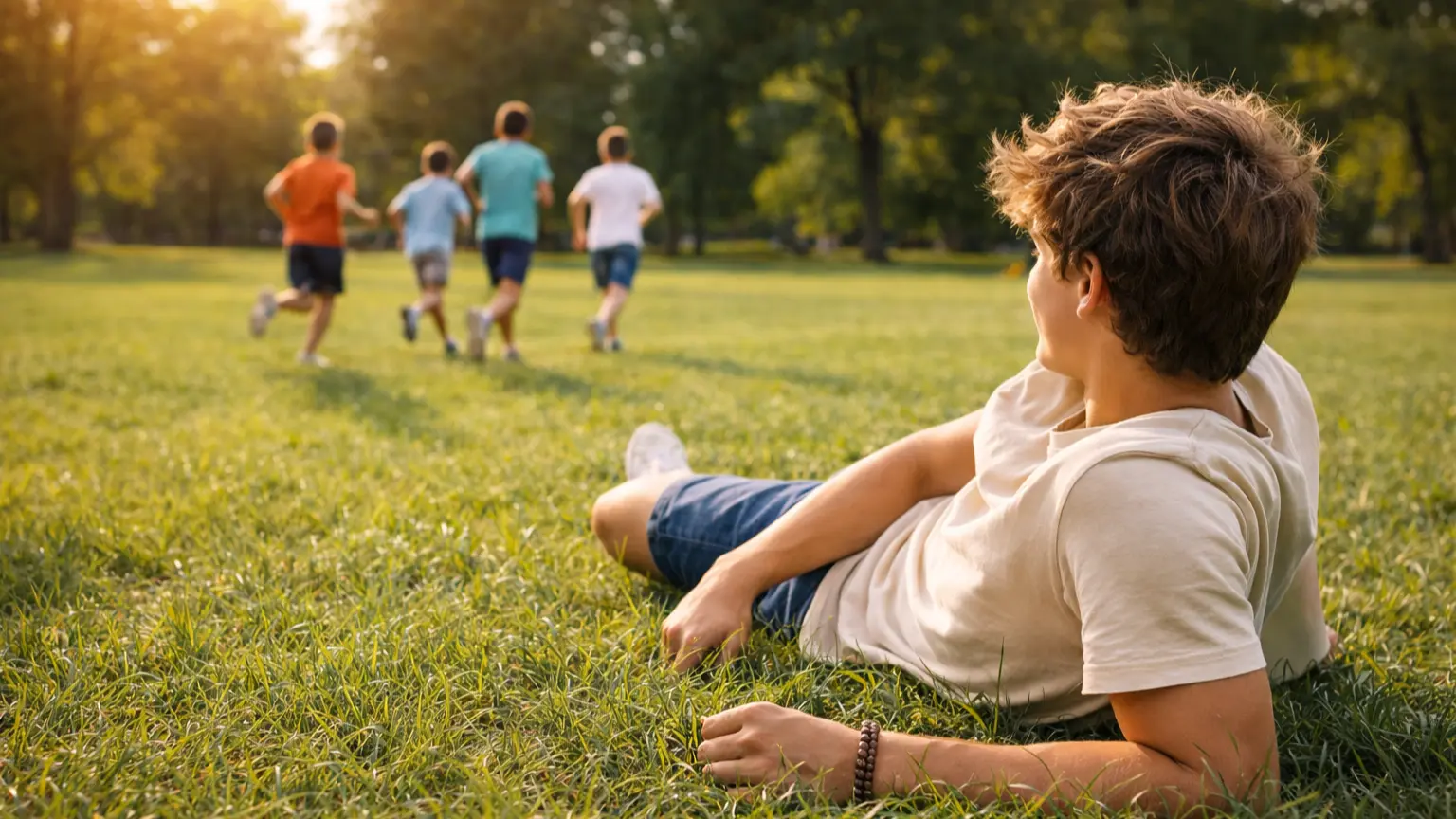 Boy resting on grass watching other children run across a sunny park
