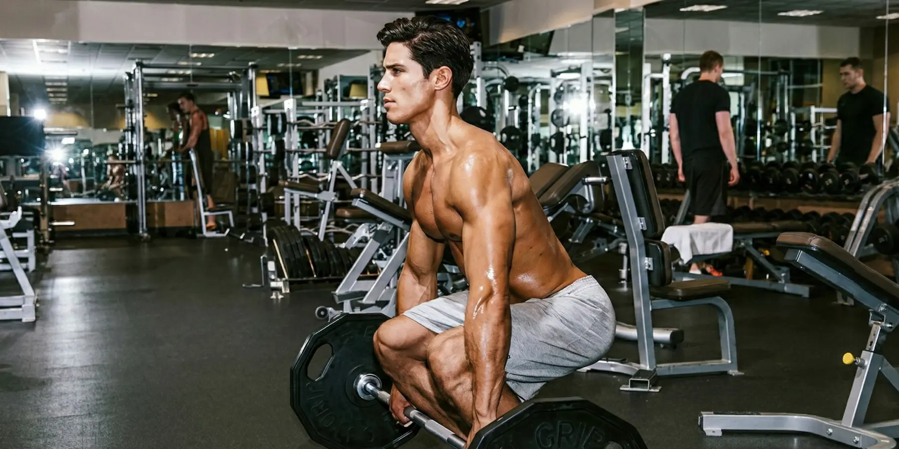 Shirtless fit man lifting a loaded barbell during a gym deadlift session