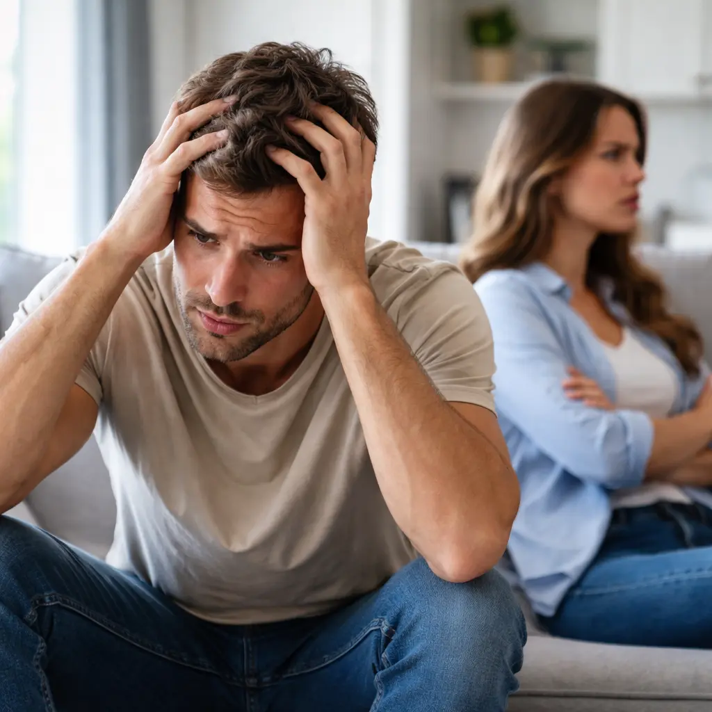 Distressed man holding his head while a frustrated woman sits apart on the couch