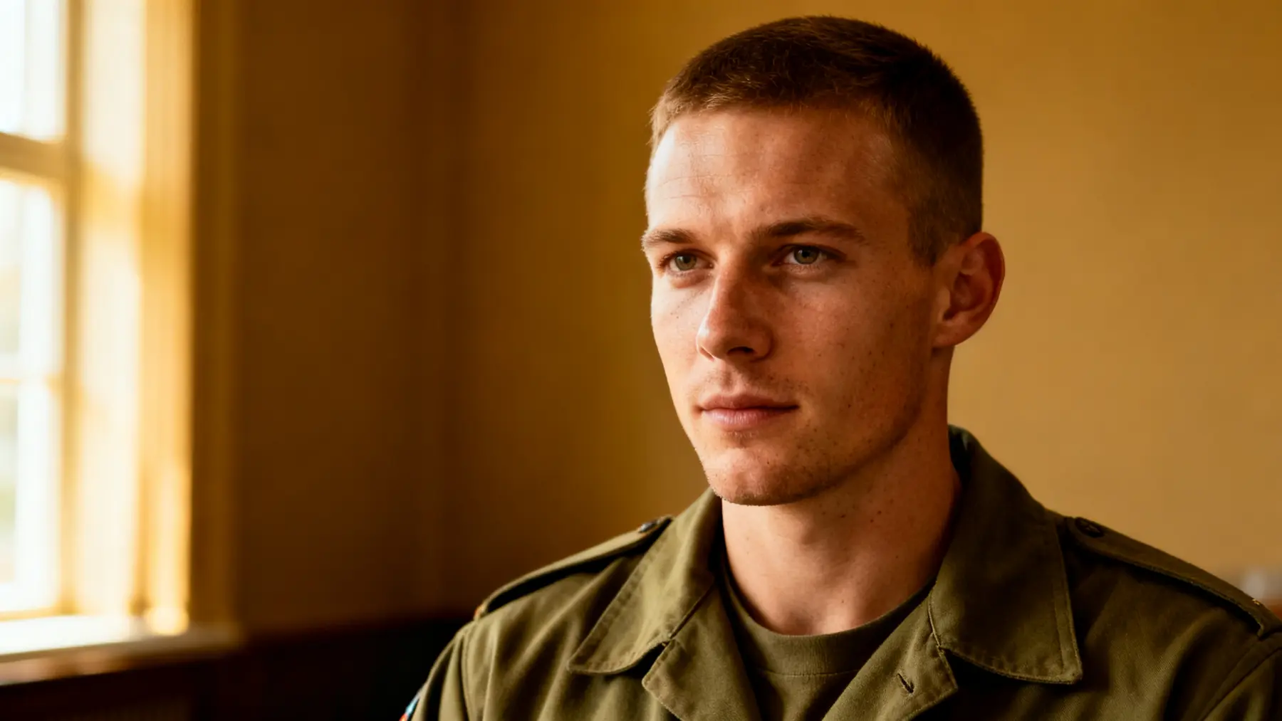Young man in military uniform sitting quietly, looking toward a window