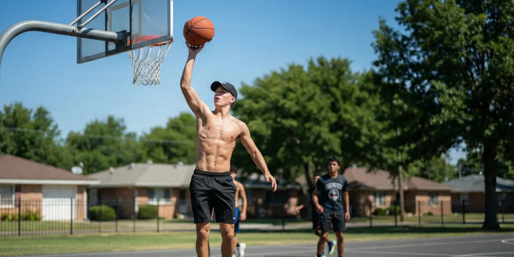 Shirtless young man leaping for a layup at an outdoor basketball hoop