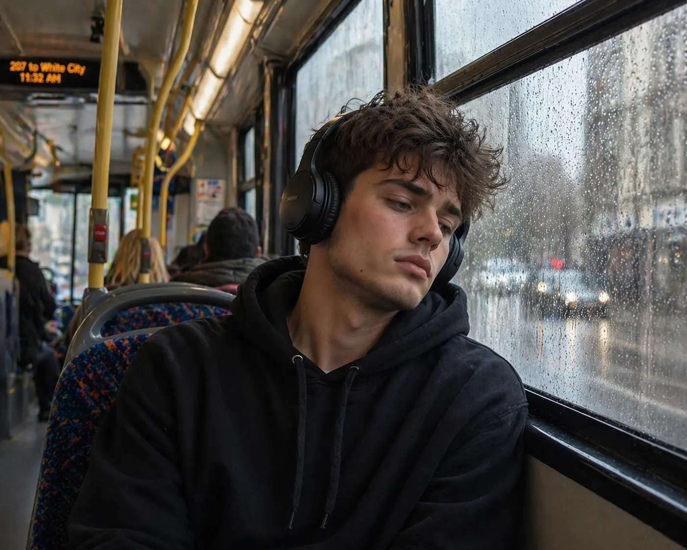 Tired young man in headphones resting his head against a rainy bus window