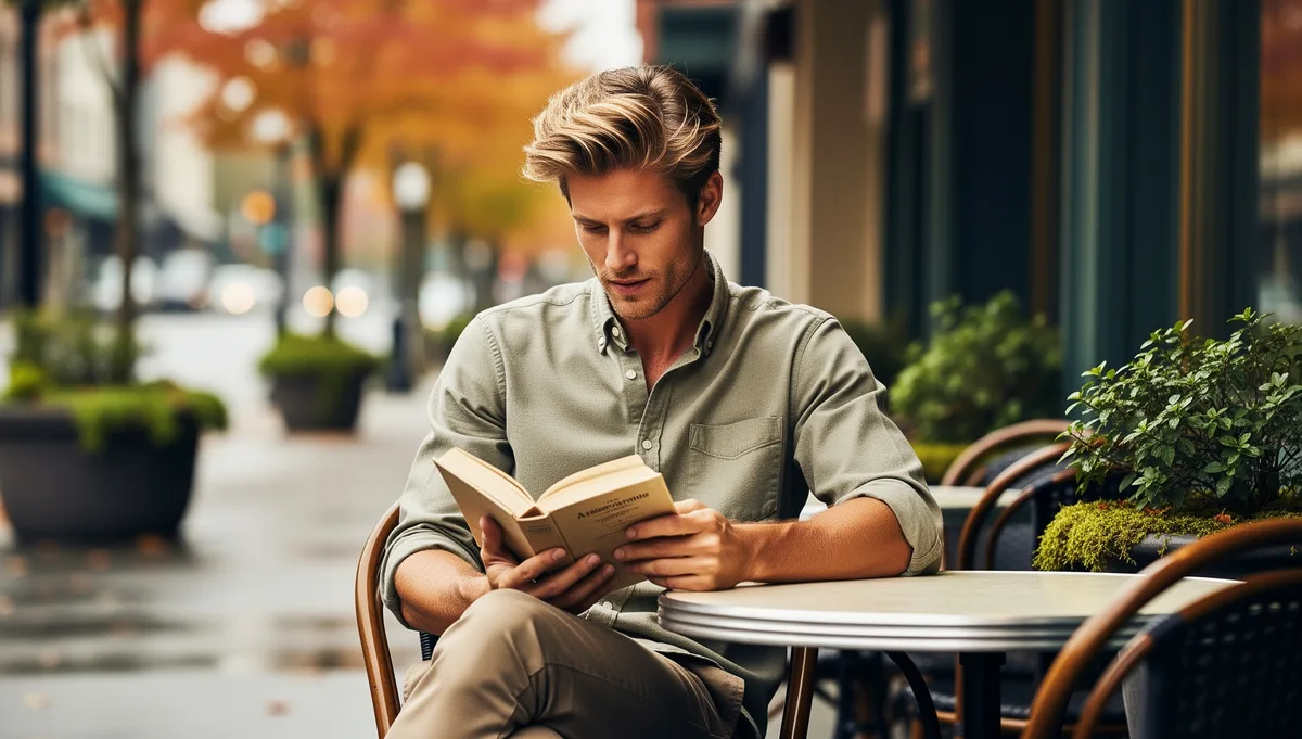 Pacific Northwest morning, man at a cafe table with coffee