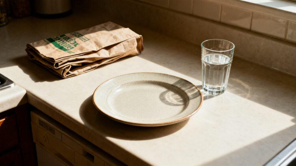 A simple kitchen counter with a plate and water.