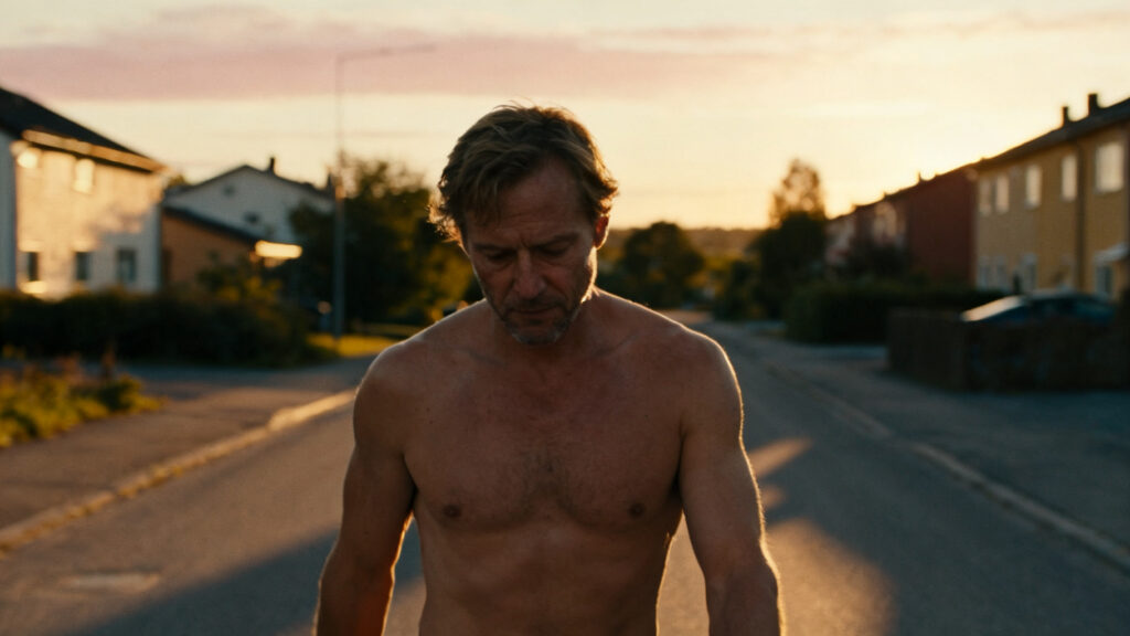 A man walking outside in sunrise light.
