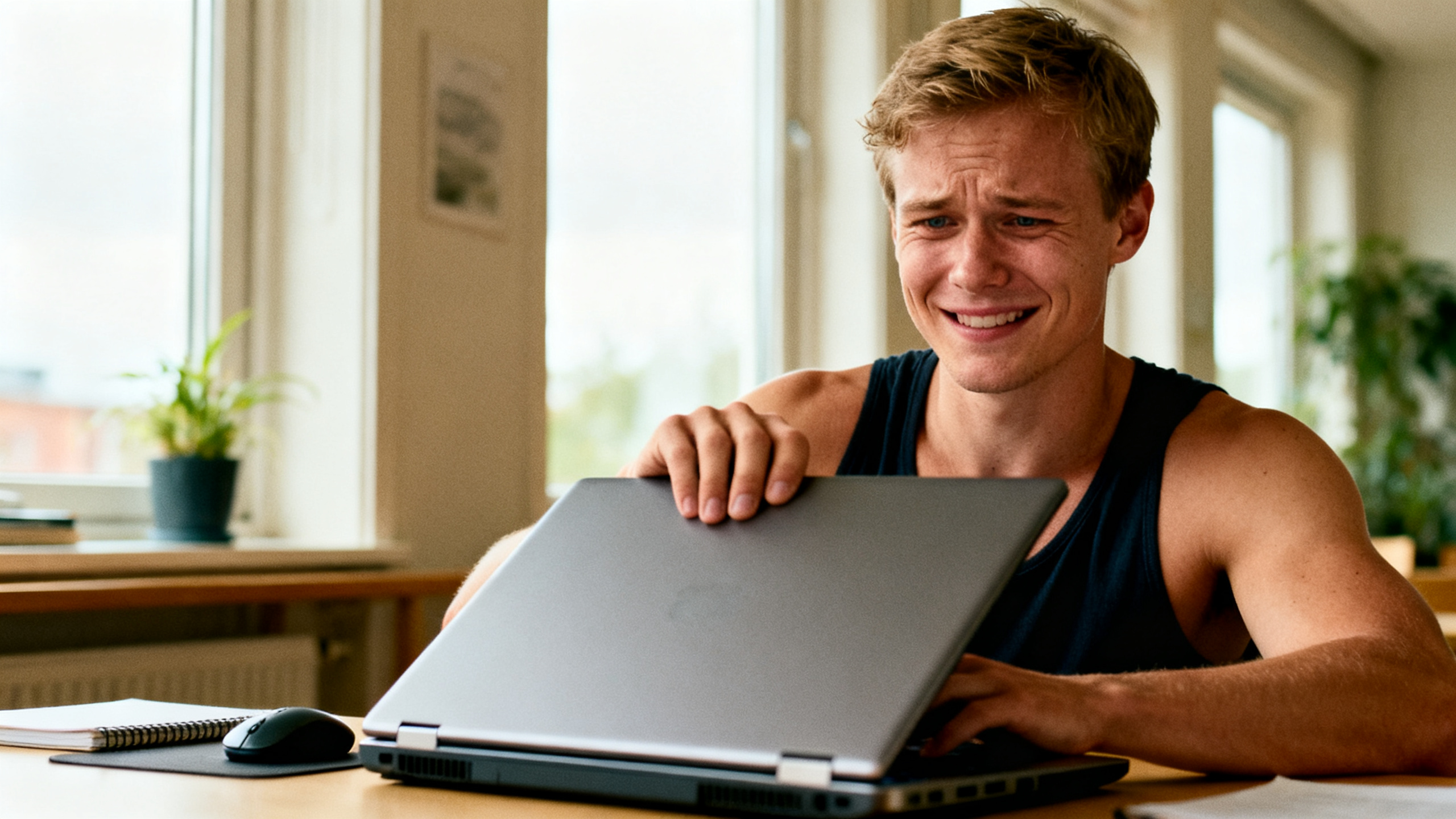 Young man closing a laptop after doomscrolling body comparison content