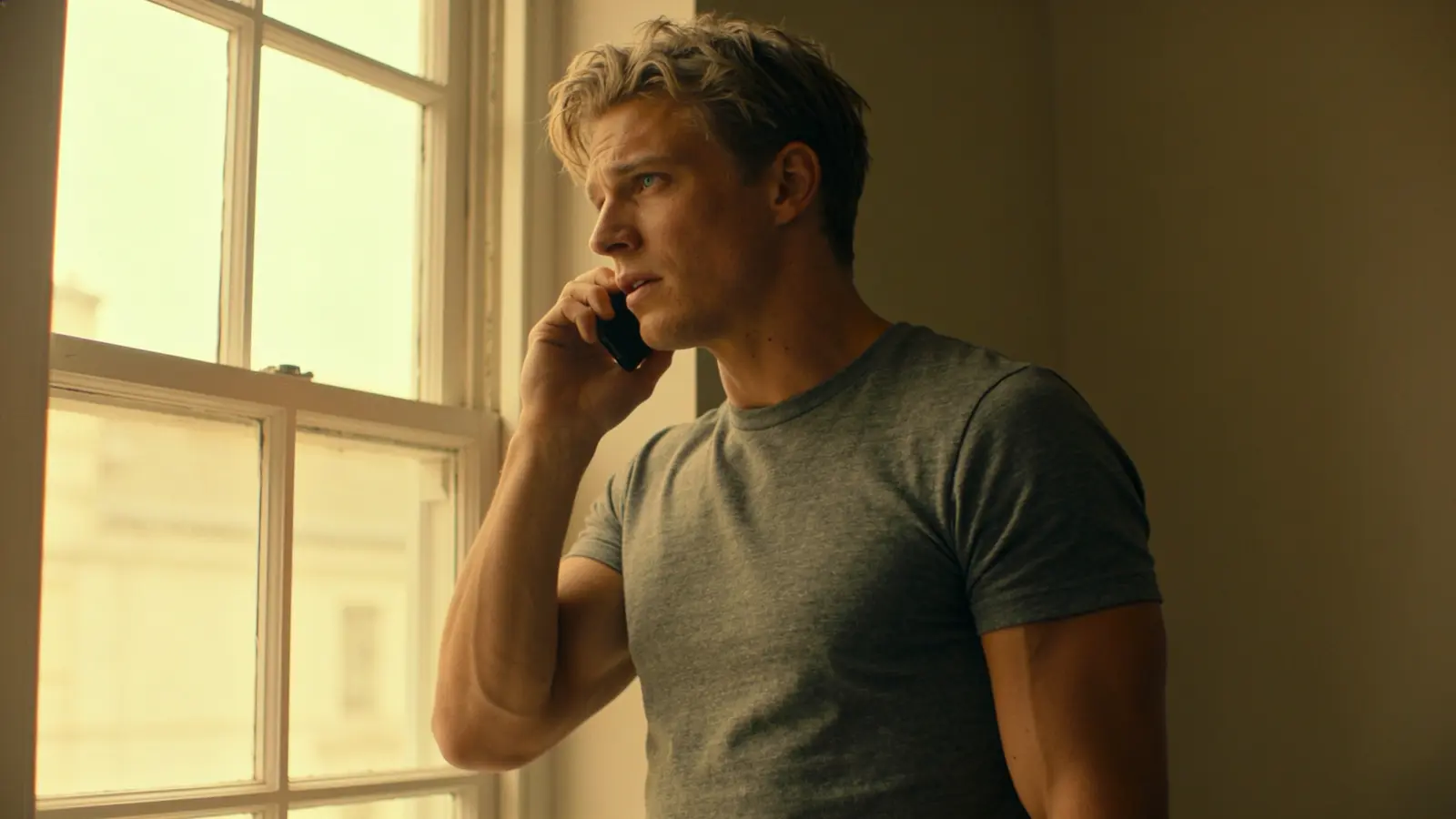 Young man on the phone by a window having an honest conversation