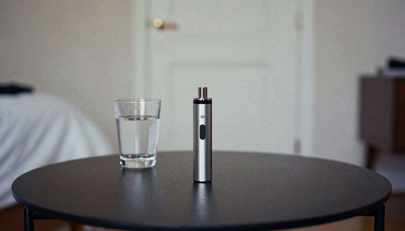 Coffee table with cannabis vaporizer, water glass, and closed bedroom door
