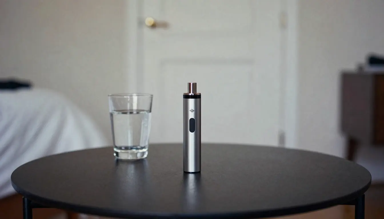 Coffee table with cannabis vaporizer, water glass, and closed bedroom door